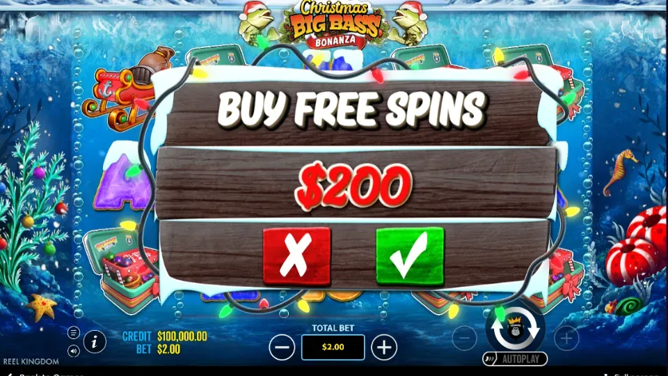 Bekräftelsefönster i Christmas Big Bass Bonanza för att köpa gratissnurr.