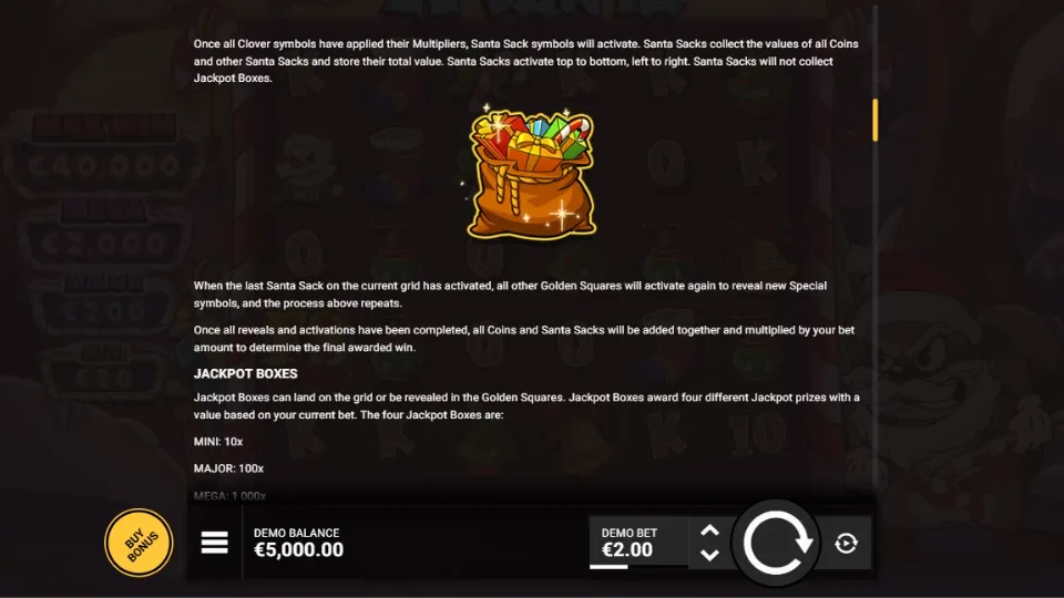 Information för Le Santa som förklarar Santa Sack-symboler, Golden Squares och hur Jackpottlådor