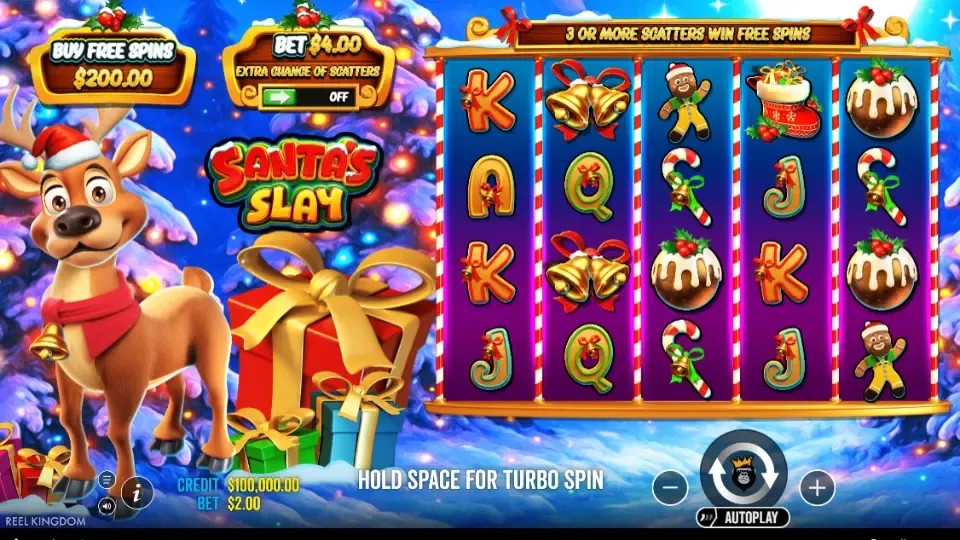 Santa's Slay spelplan med hjul, jultema och en ren i bakgrunden.