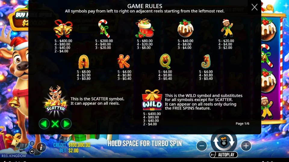 Spelregler och vinsttabell för Santa's Slay slot.