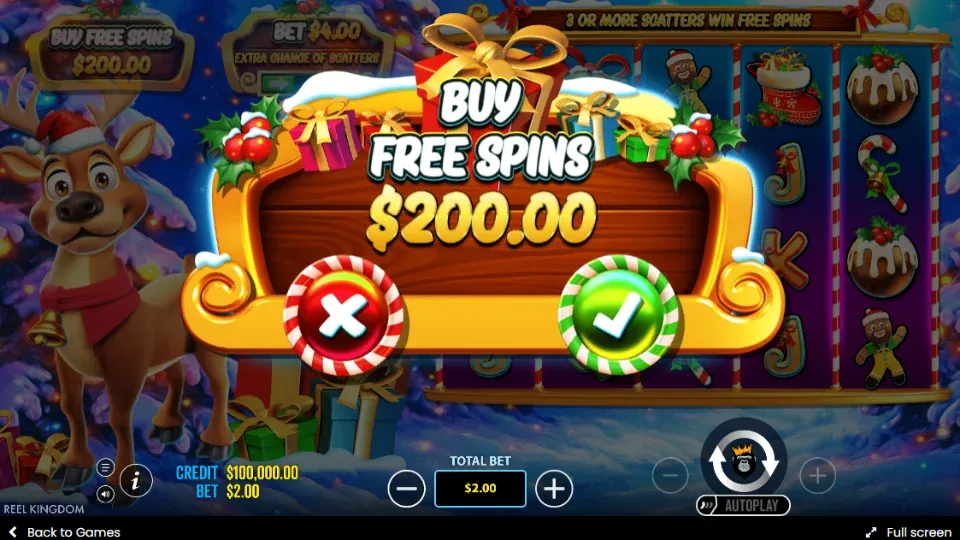 Santa's Slay slot med popup-fönster för att köpa free spins.
