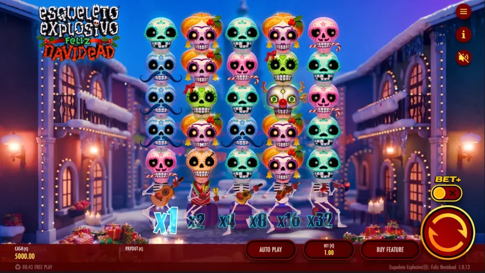 Esqueleto Explosivo: Feliz Navidead spelplan med dödskallar och skelettmusiker.