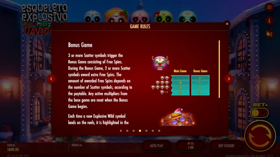 Regler för Bonus Game/Free Spins i Esqueleto Explosivo Feliz Navidead.