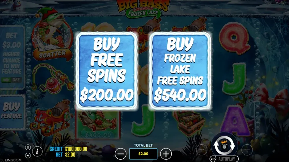 Två alternativ för att köpa bonusrundor i Big Bass Christmas Frozen Lake.