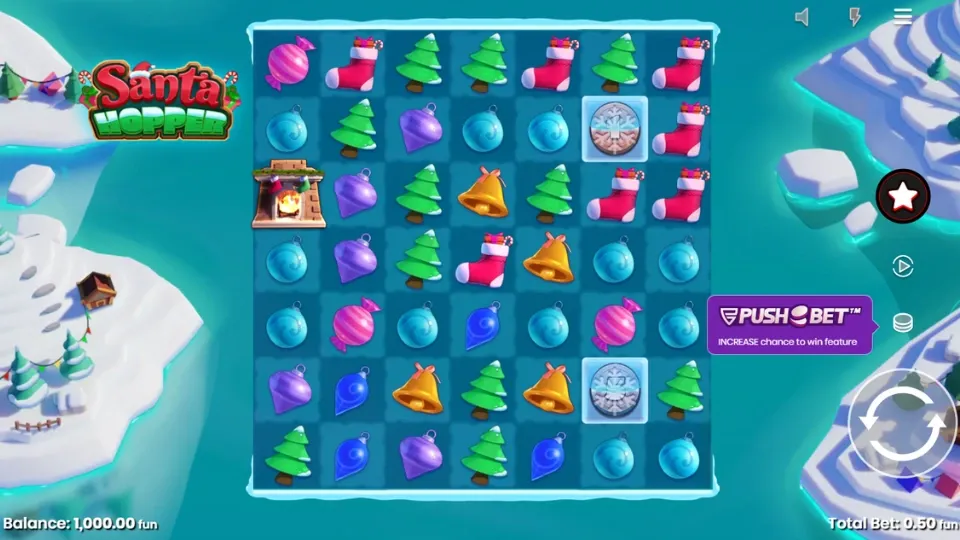 Spelplanen i Santa Hopper slot med ett 7x7 rutnät fyllt med julsymboler mot ett vinterlandskap.