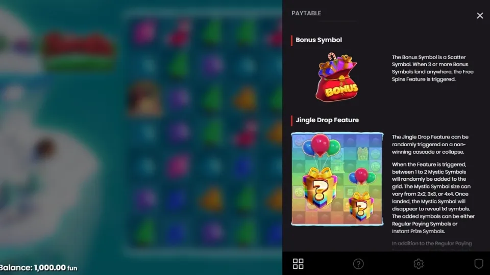 Santa Hopper vinsttabell som förklarar bonussymbolen och Jingle Drop Feature.