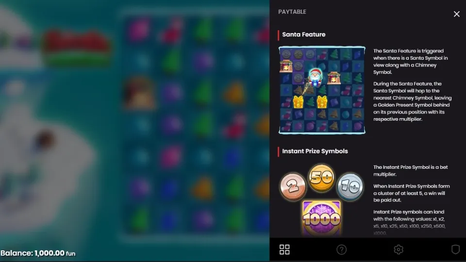 Santa Hopper vinsttabell som beskriver Santa Feature och Instant Prize Symbols.