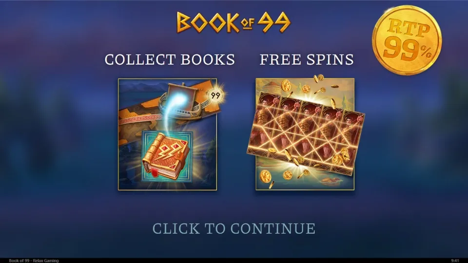 Introduktionsskärm till Book of 99 som visar spelets höga RTP på 99 % och funktioner.