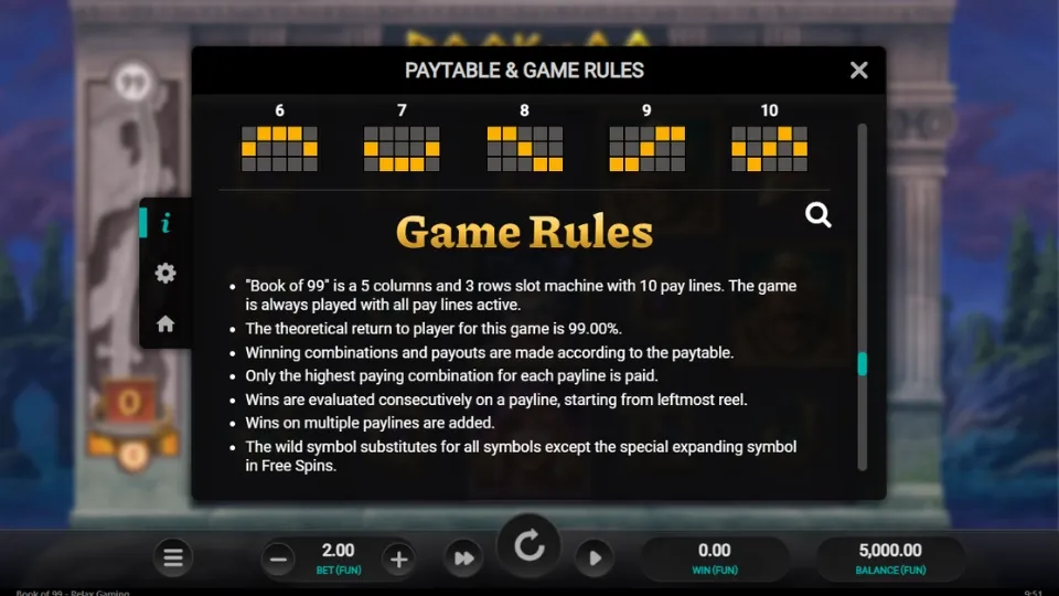 Spelreglerna för Book of 99 som bekräftar den teoretiska RTP:n på 99,0 %.