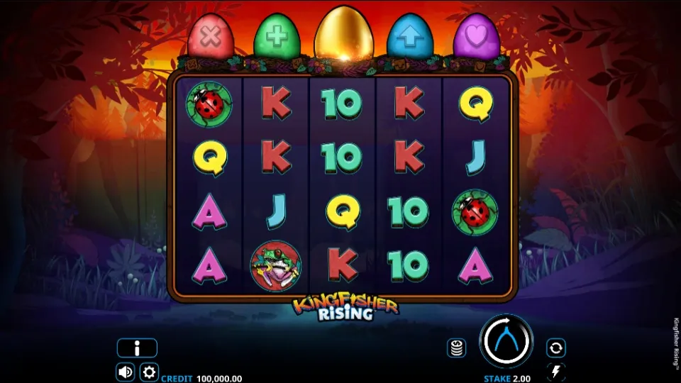 Kingfisher Rising spelplan med fem hjul, bokstavs- och bildsymboler, samt fem färgade ägg.