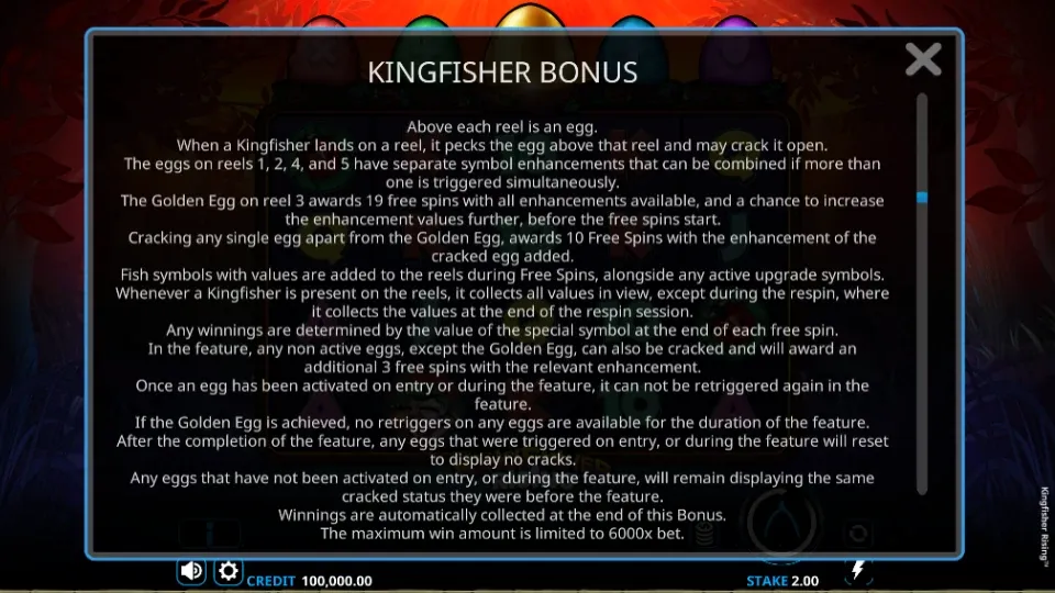 Spelbeskrivningen för Kingfisher Bonus, som förklarar äggen och Free Spins-funktionen.