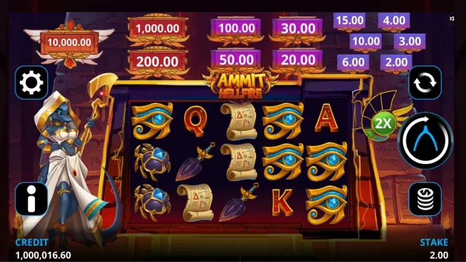 Spelplanen i Ammit Hellfire med blå gudom, eld och symboler på spelhjulen.