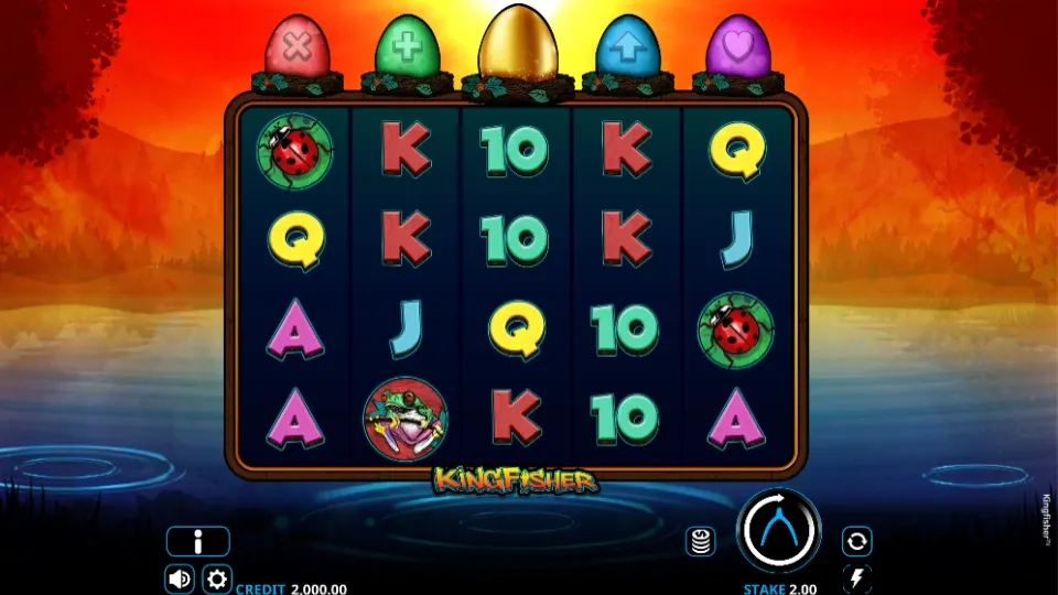 Kingfishel spelplan med en solnedgång, ägg-jackpottar och symboler.