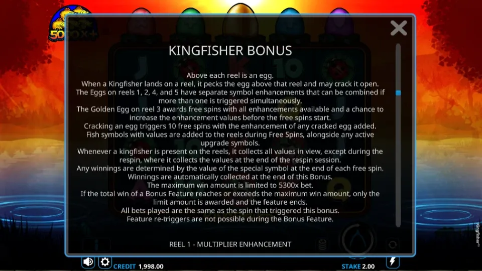 Kingfisher bonus info visar äggmodifierare, free spins och maxvinst på 5300x insatsen.