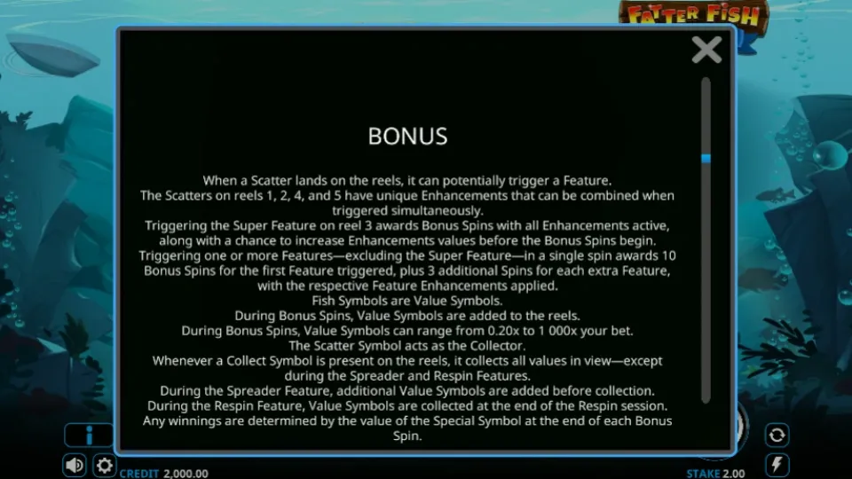 Fatter Fish Festival bonusregler visar Scatter-funktioner, Super Feature och vinstsymboler.