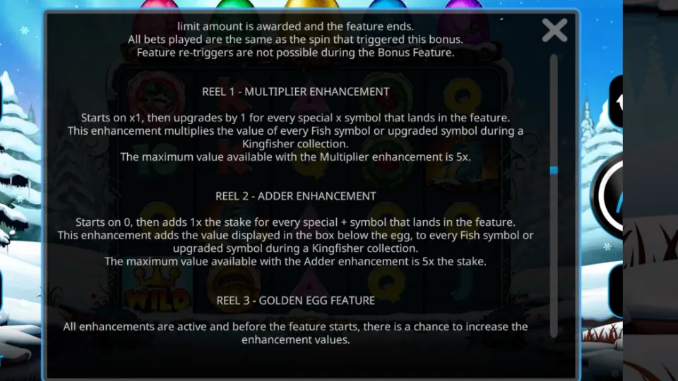 Förklaring av bonusspelets Multiplier (max 5x), Adder (max 5x insatsen) och Golden Egg-funktioner.