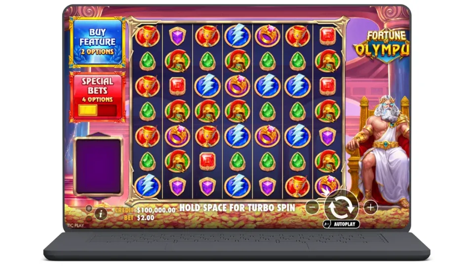 Fortune of Olympus spelplan med grekiskt tema, symboler på hjulen och guden Zeus.