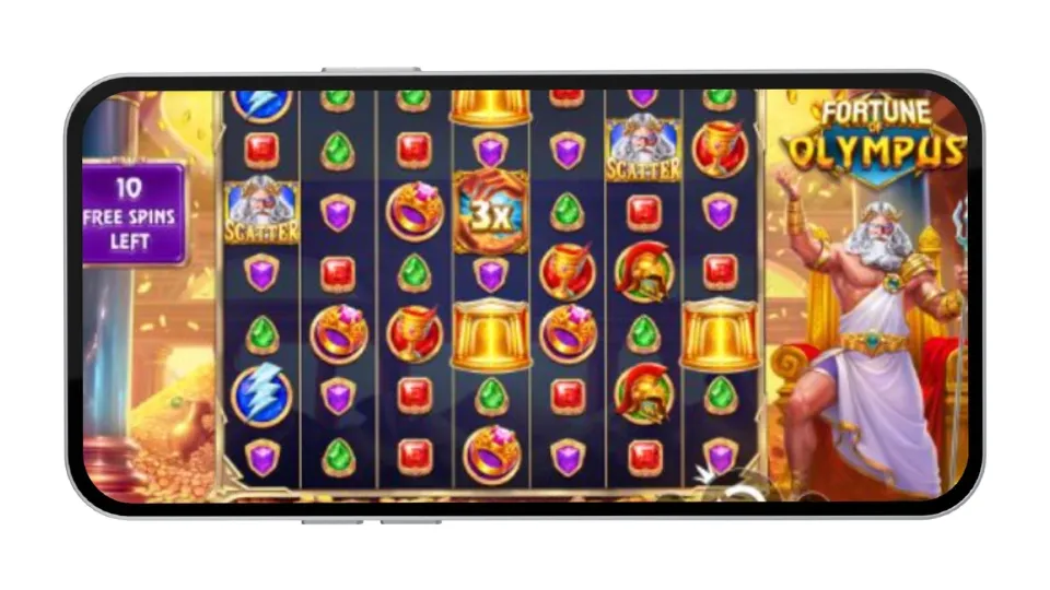 Mobilskärm som visar slotspelet Fortune of Olympus med grekiskt tema och 10 free spins kvar.