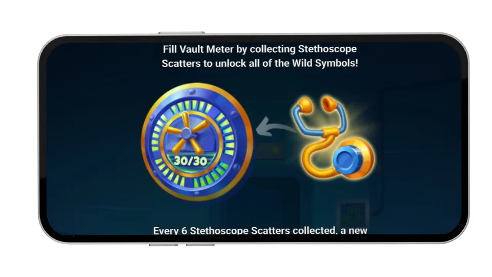 Mobilskärm som förklarar hur stetoskop-scatters fyller en mätare för att låsa upp wild-symboler.