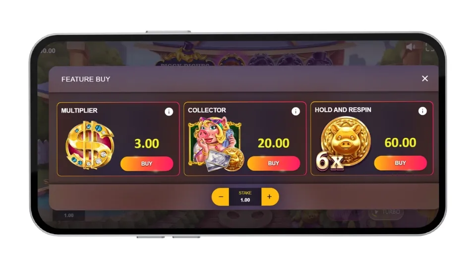 Mobilskärm som visar köpfunktion för bonusar: Multiplier, Collector och Hold and Respin i Piggy Riches.