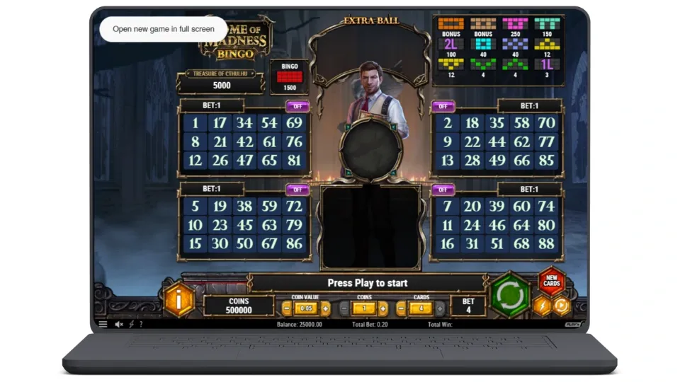 En laptop som visar spelet Tome of Madness Bingo med lila och blå spelbrickor.