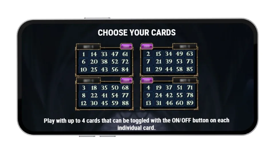 Mobilskärm som visar funktionen för att välja upp till fyra bingobrickor i Tome of Madness Bingo.