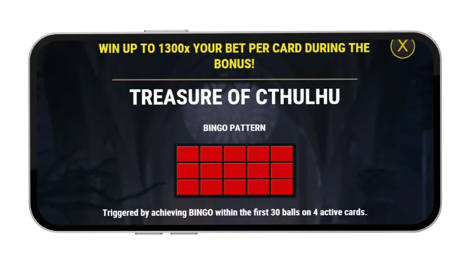 Mobilskärm som visar bonusfunktionen Treasure of Cthulhu i spelet Tome of Madness Bingo.