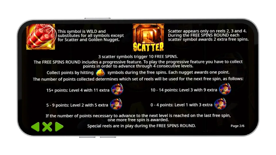 Spelregler för Gold Rush som förklarar hur Free Spins, Wild-symboler och Scatters fungerar.