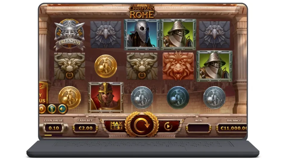 Champions of Rome-spelautomat med gladiatorer, romerska mynt och spelgränssnitt.