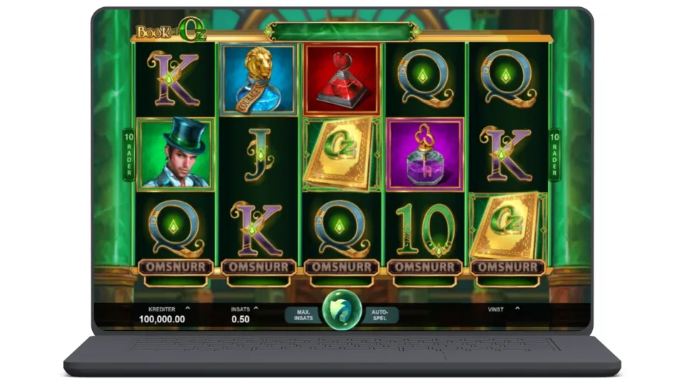 Spelplan för Book of Oz med magiska symboler, bokelement och funktionen Omsnurr.