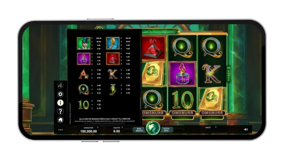 Vinsttabell för Book of Oz med utbetalningar för trollkarl, elixir och kortsymboler.