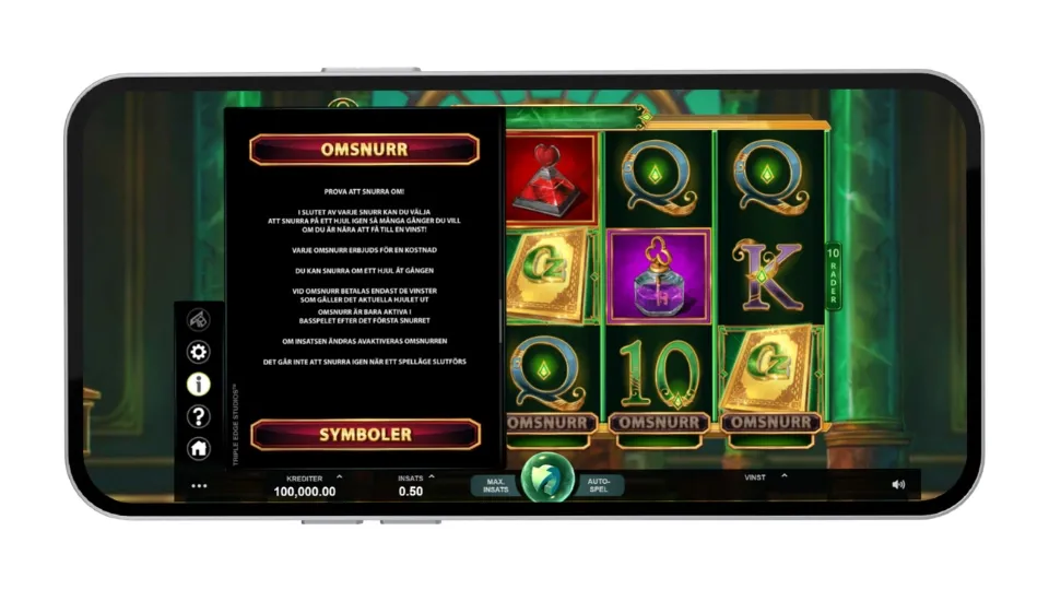 Informationsruta om funktionen Omsnurr och dess regler i Book of Oz.